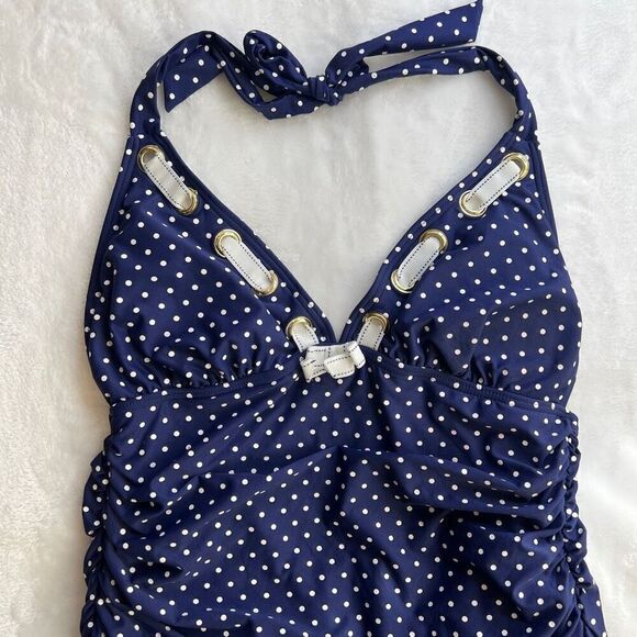 One Piece Halter Top Swimsuit Retro Pinup Style Blue and White Polka Dot Size Me - Picture 2 of 14